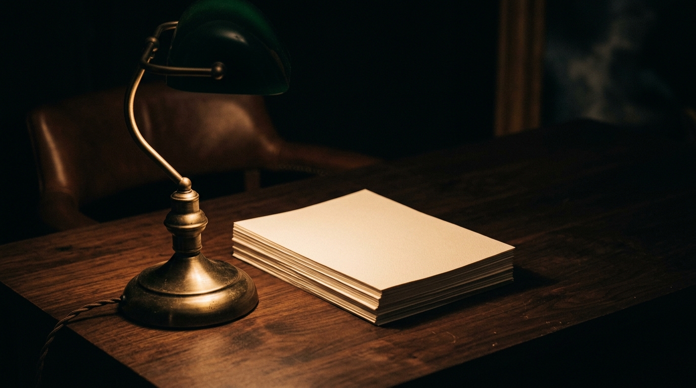 A brass desk lamp glowing over a neat stack of blank documents on a dark desk