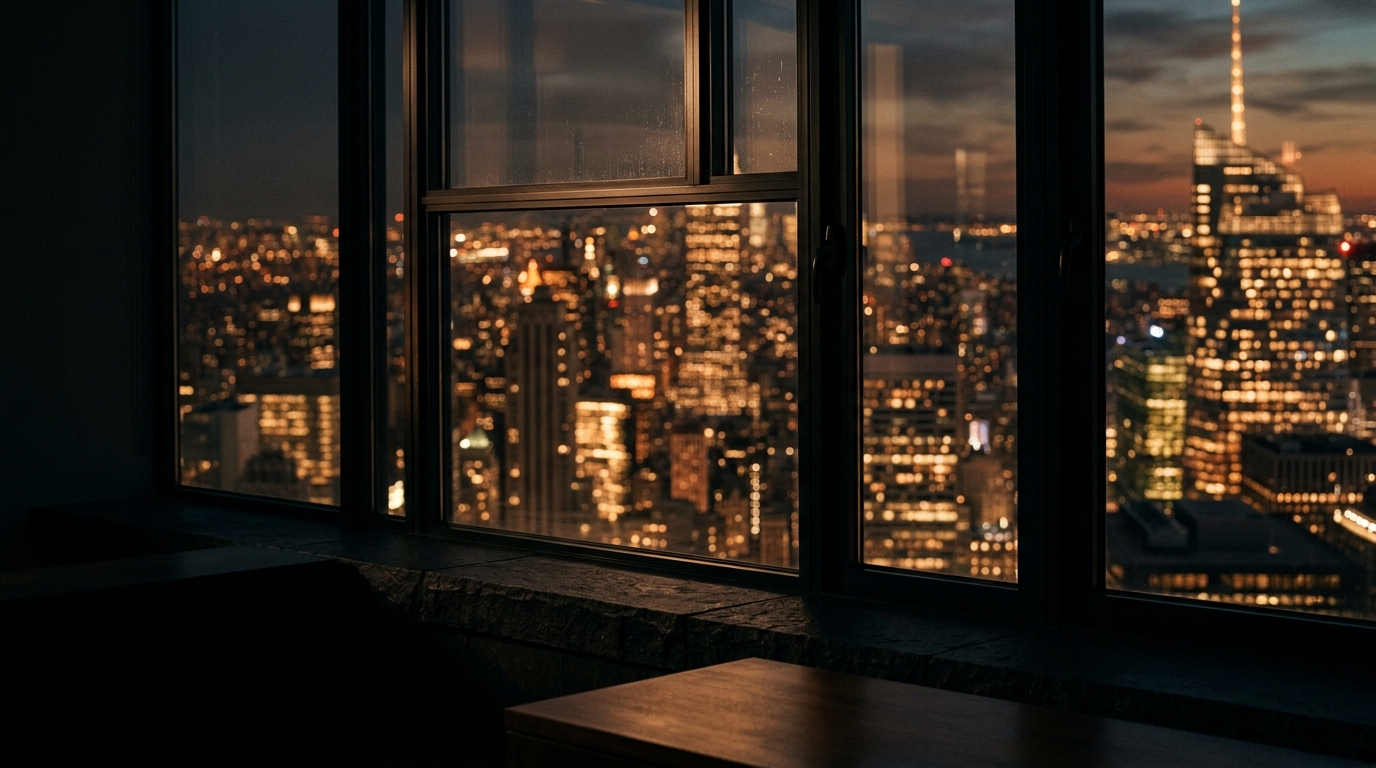 A dark office window at dusk looking over a warmly lit Manhattan skyline