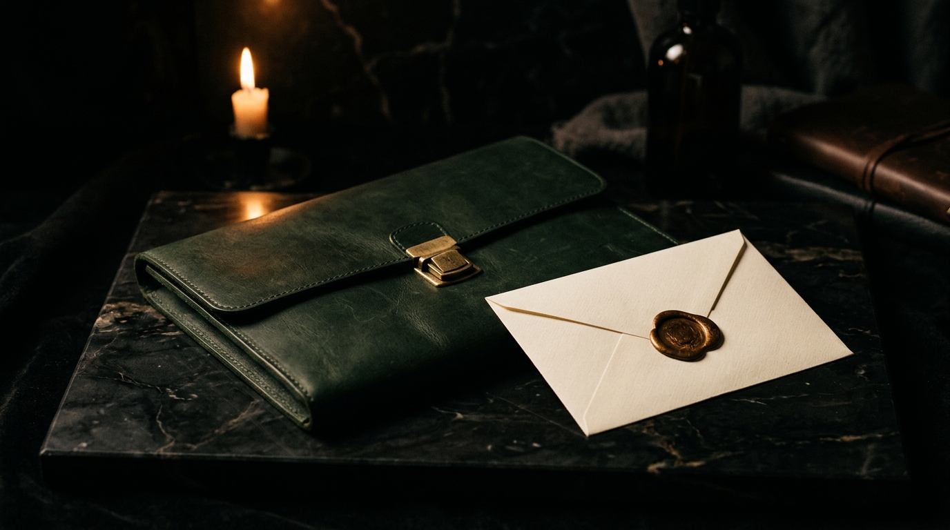 A closed leather folio with a brass clasp beside a wax-sealed envelope on dark marble