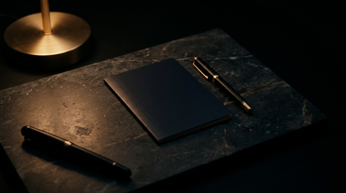 A closed passport and a fountain pen resting on dark marble beside the glow of a brass lamp