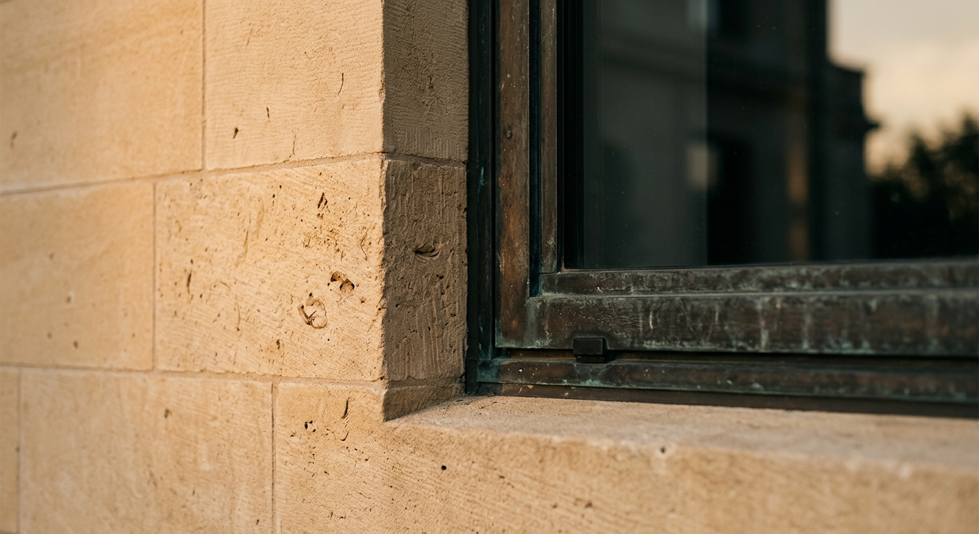 Raking dusk light across coursed limestone ashlar and a patinated bronze frame