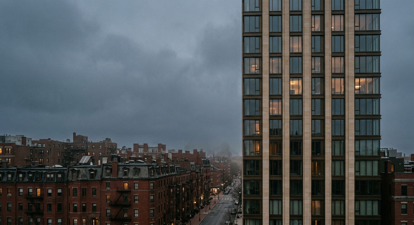 A limestone and bronze glass residential tower rising above a brick Boston district at dusk, windows glowing warm