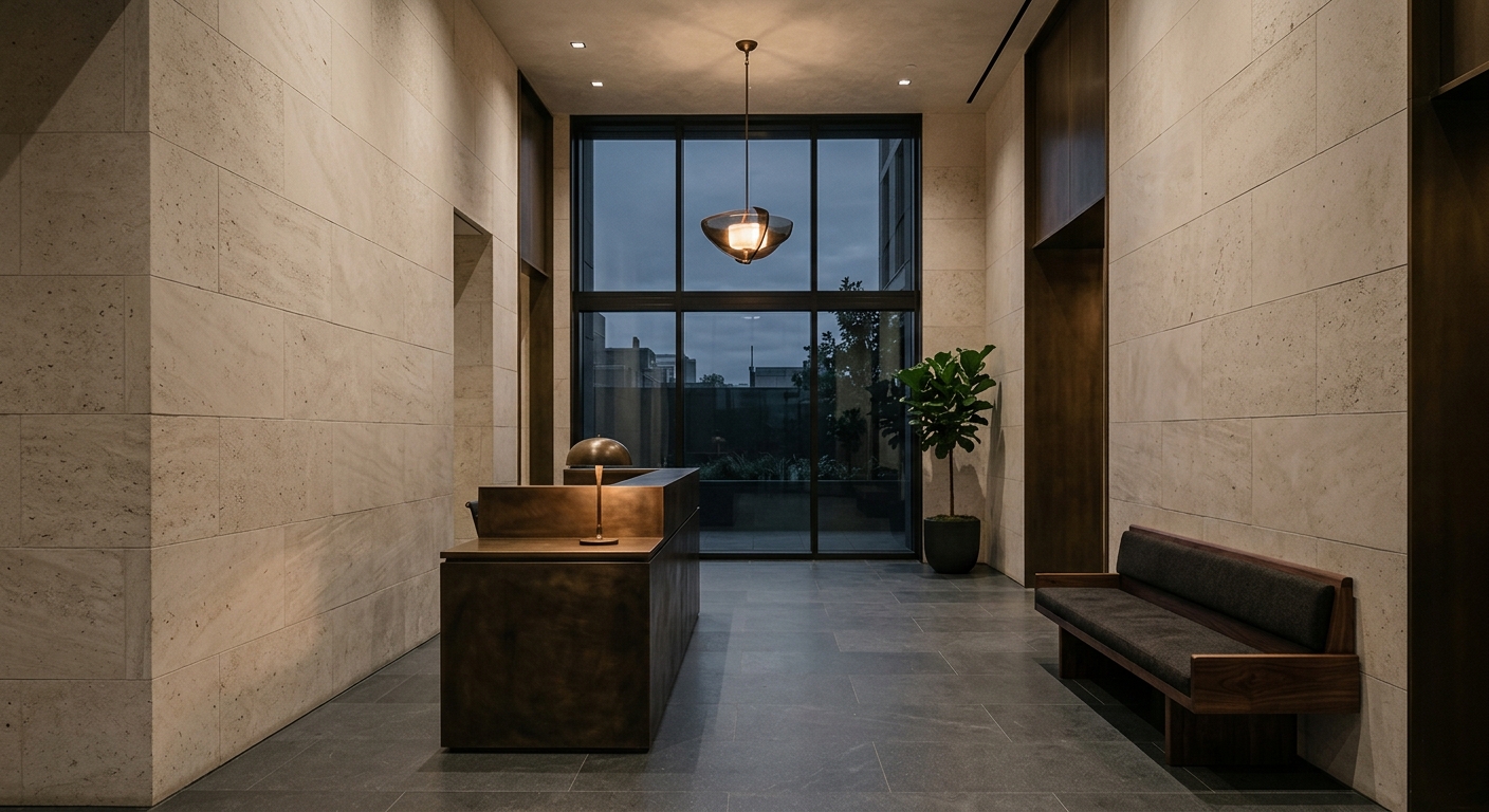 An understated residential lobby in honed limestone and patinated bronze, lit by warm lamps at dusk