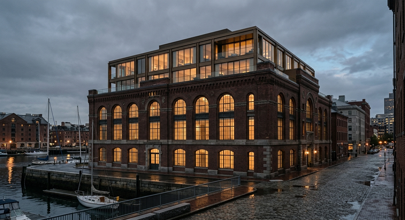 Arsenal Row, a converted nineteenth-century brick armory with tall arched windows glowing at dusk
