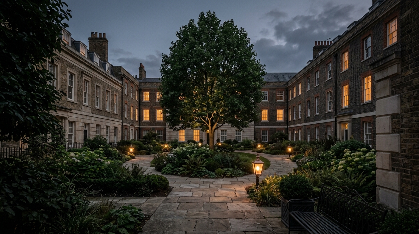 Cordage Court, a landscaped courtyard enclosed by brick and limestone residential buildings at dusk