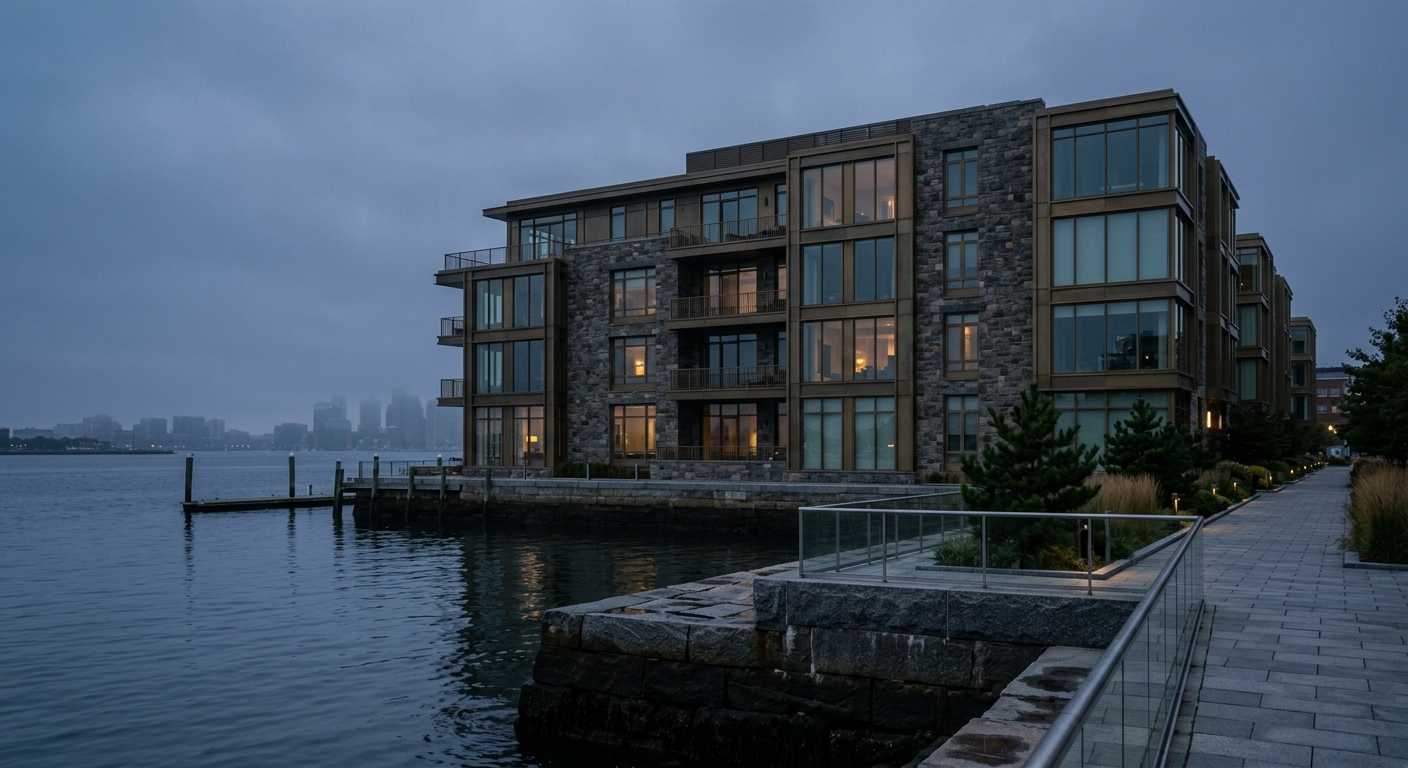 Harborlight House, a masonry and bronze glass residential building at the harbor edge at blue hour