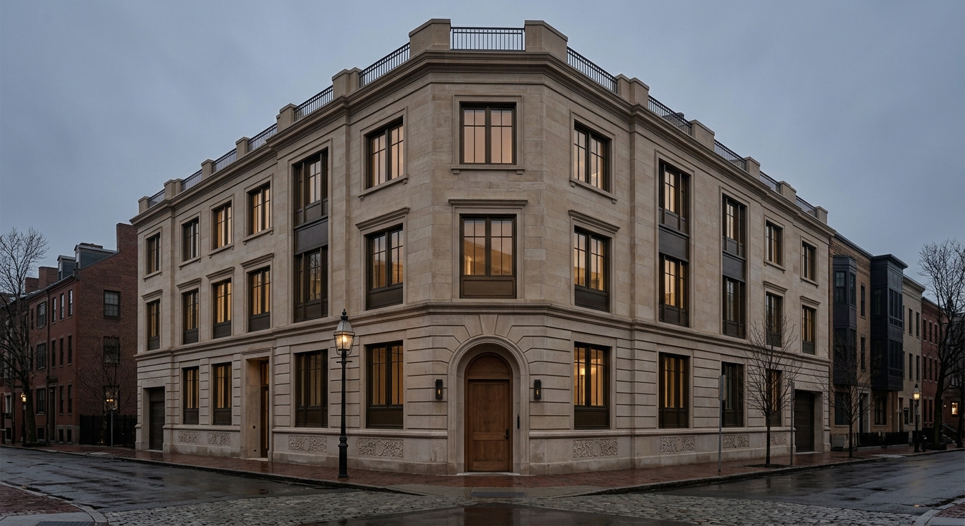 Meridian House, a limestone residential building on a Boston corner at dusk with warm window light