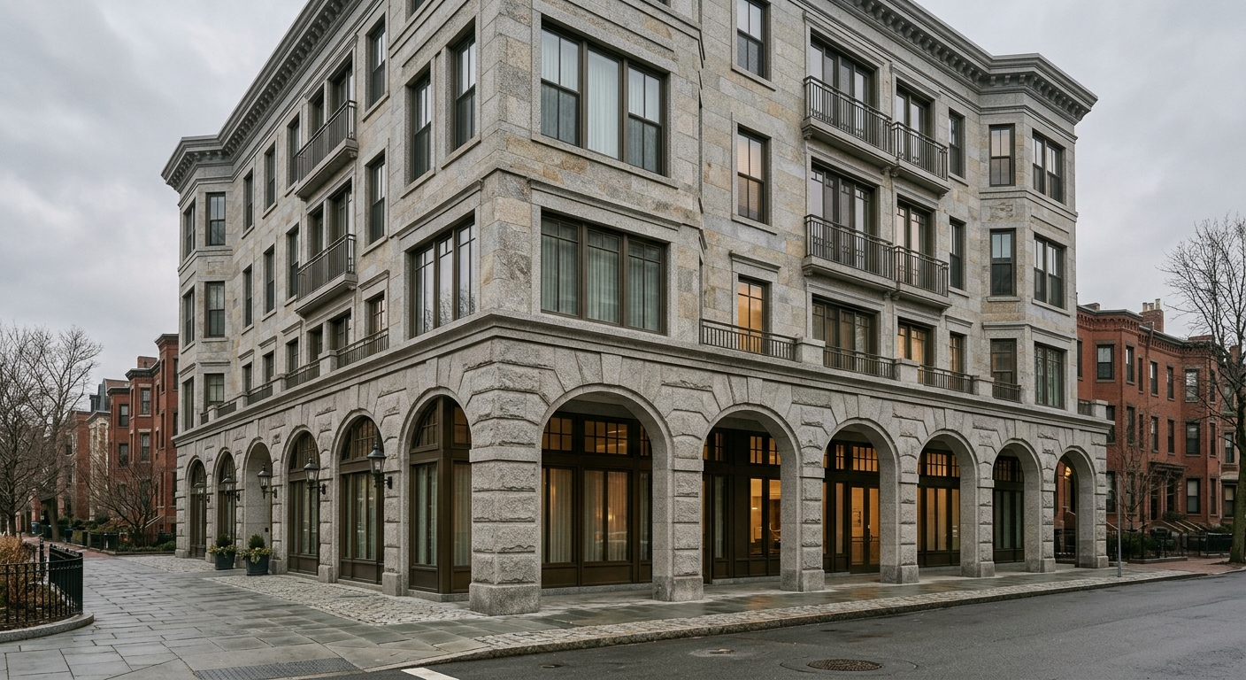 Quarry Hall, a granite-clad residential building with an arched stone arcade at street level under an overcast sky