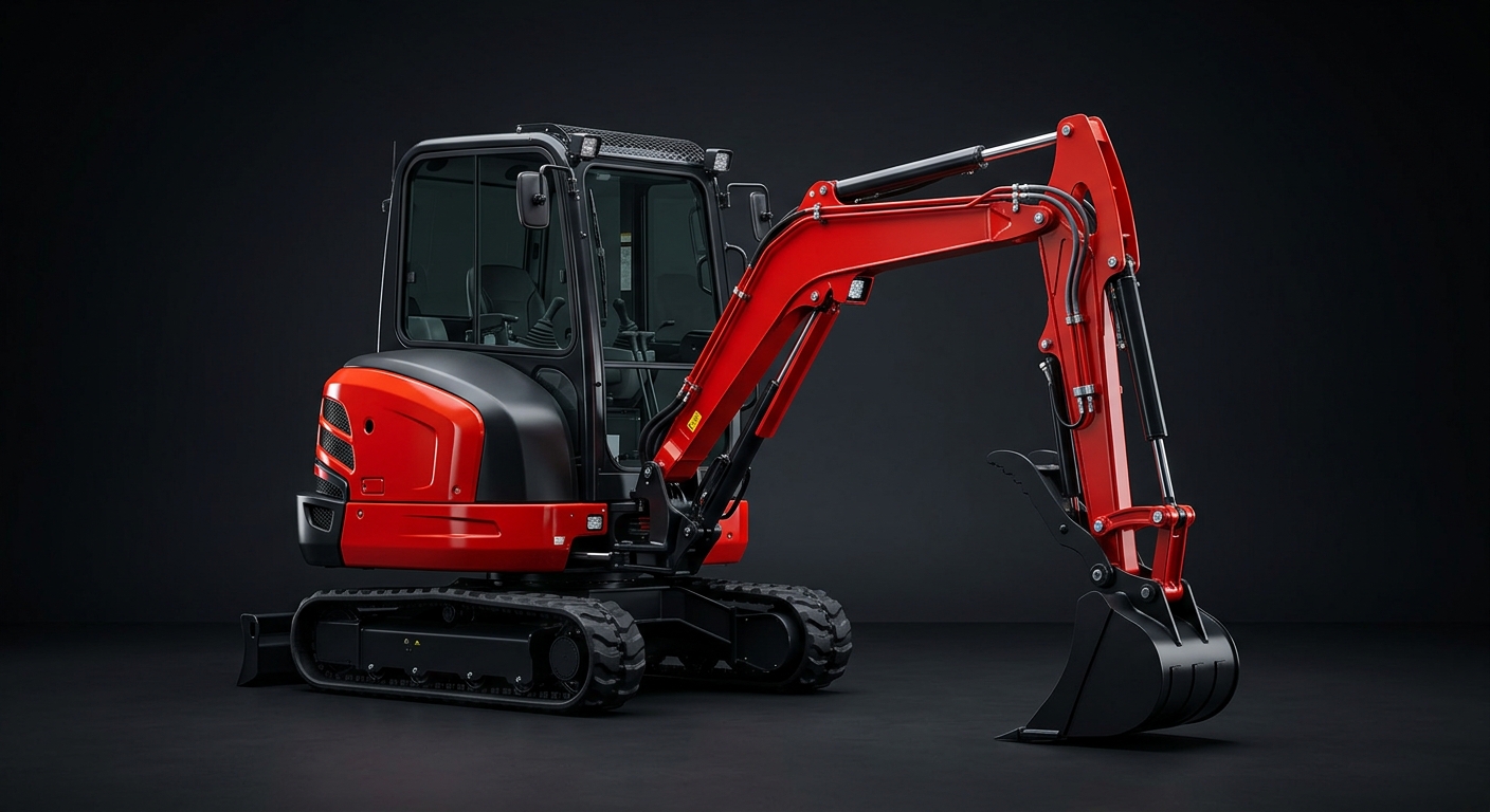 Mini excavator in red and black livery