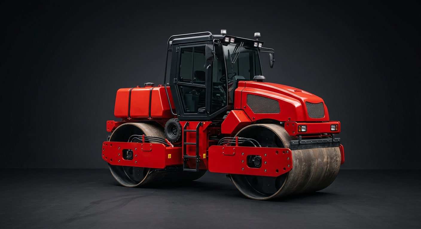 Vibratory roller in red and black livery