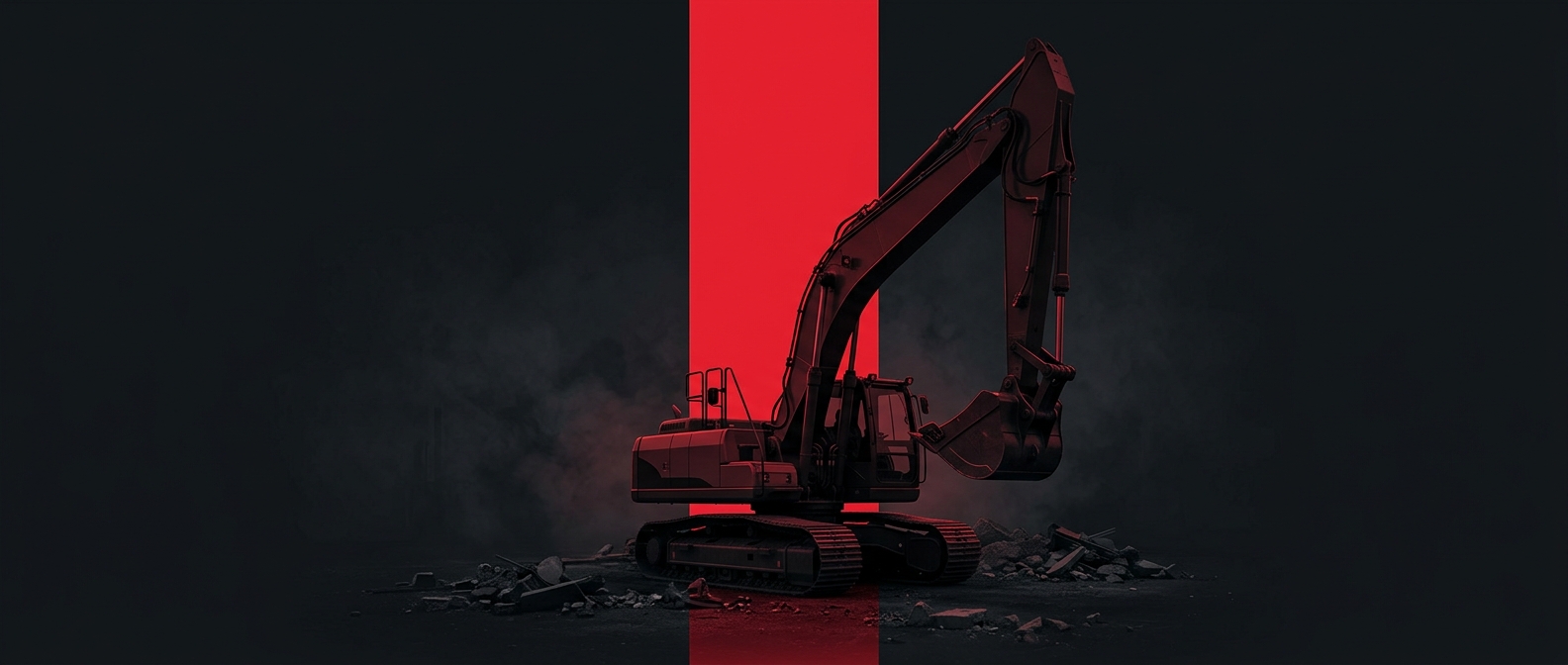 Dark excavator in front of a tall red panel on a night work site