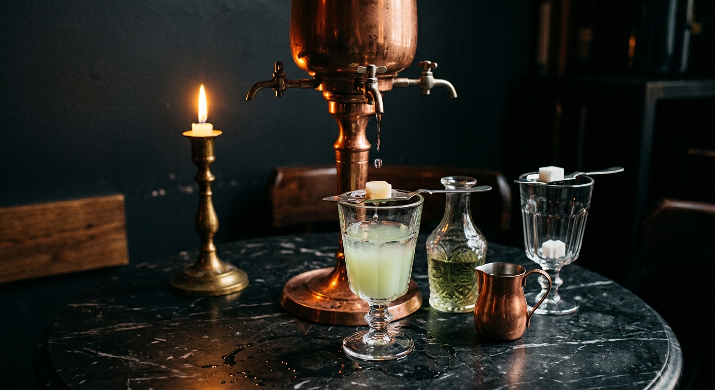 An absinthe fountain dripping water over a sugar cube