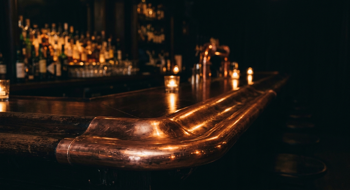 Detail of a copper bar rail catching candlelight
