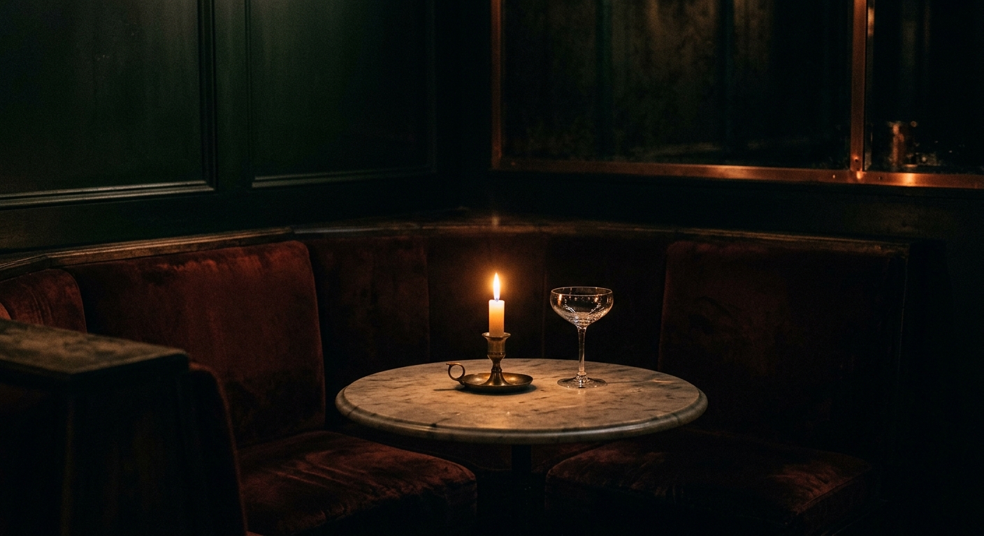 An oxblood velvet corner booth beside a marble table with a candle