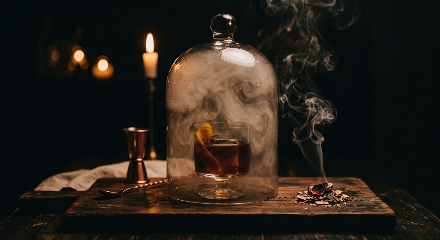 A cocktail sealed under a glass cloche filled with swirling pecan smoke
