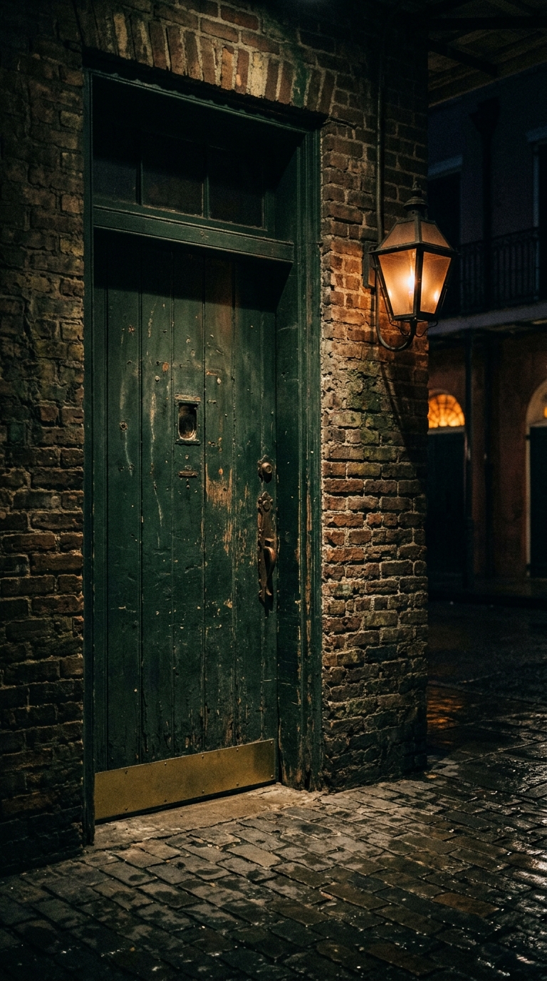 A weathered green door and gas lantern on a dark brick street in the French Quarter at night