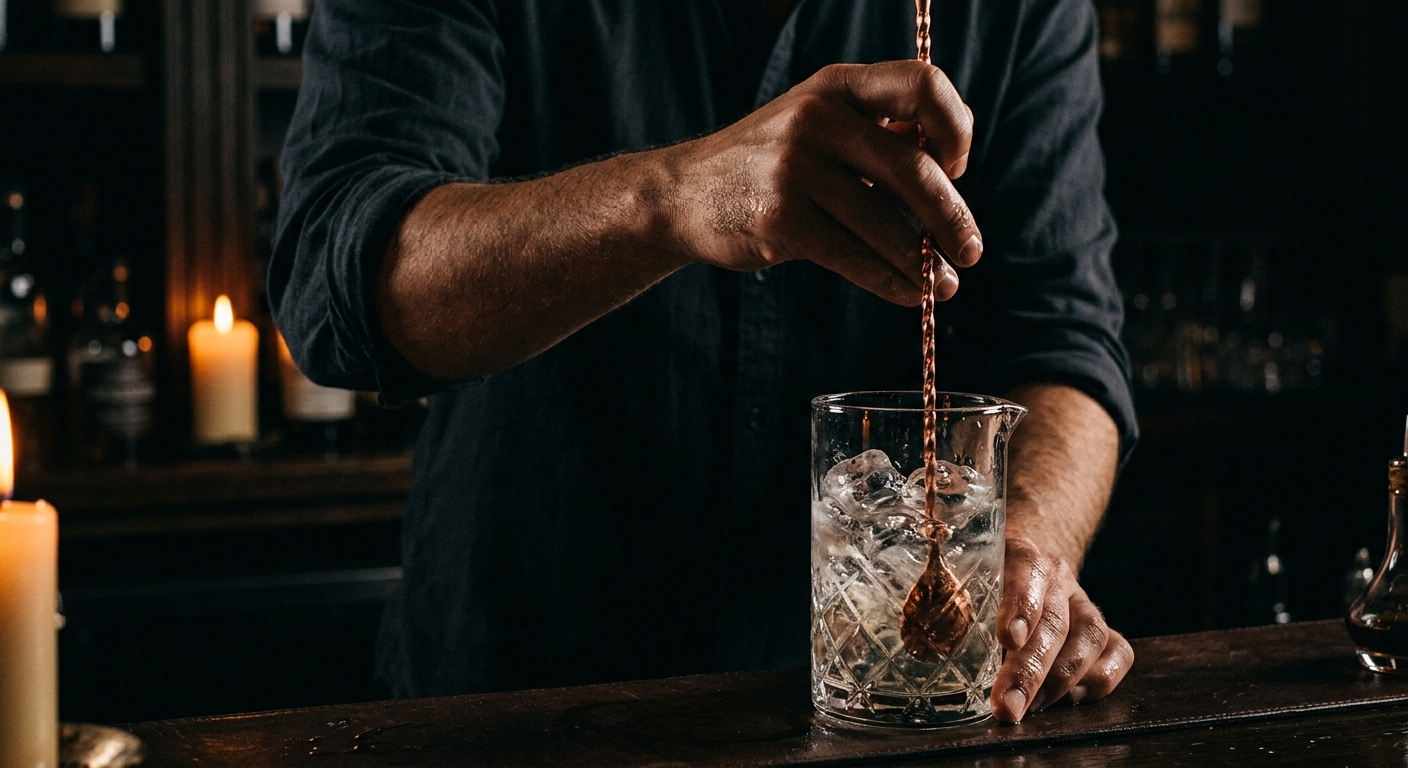 A bartender's hands stirring a crystal mixing glass with a copper bar spoon, no face visible