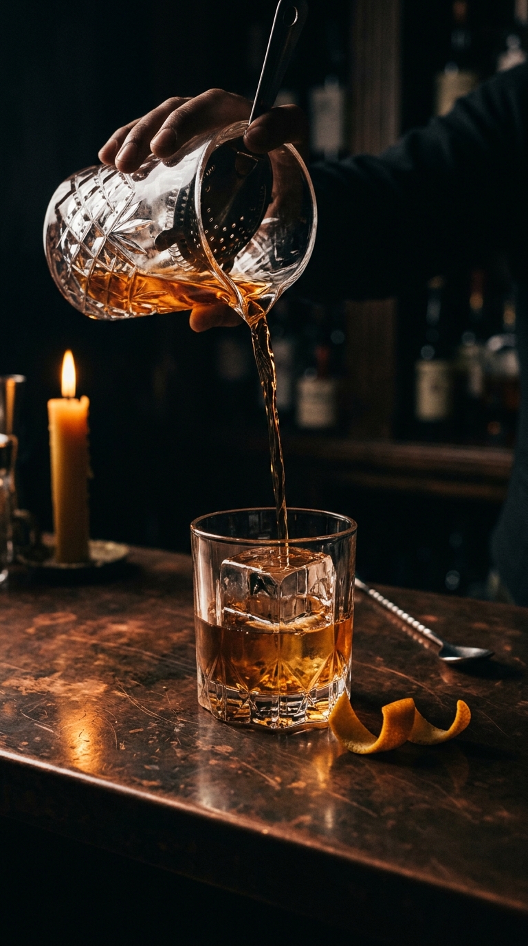 An old fashioned strained from a crystal mixing glass over one large clear ice cube on a copper bar top