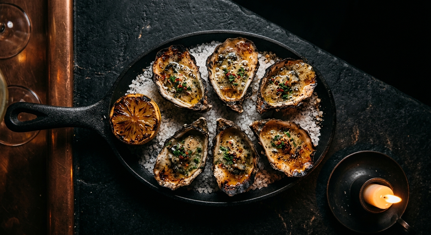 Chargrilled oysters bubbling with butter on a bed of rock salt in a dark cast iron platter