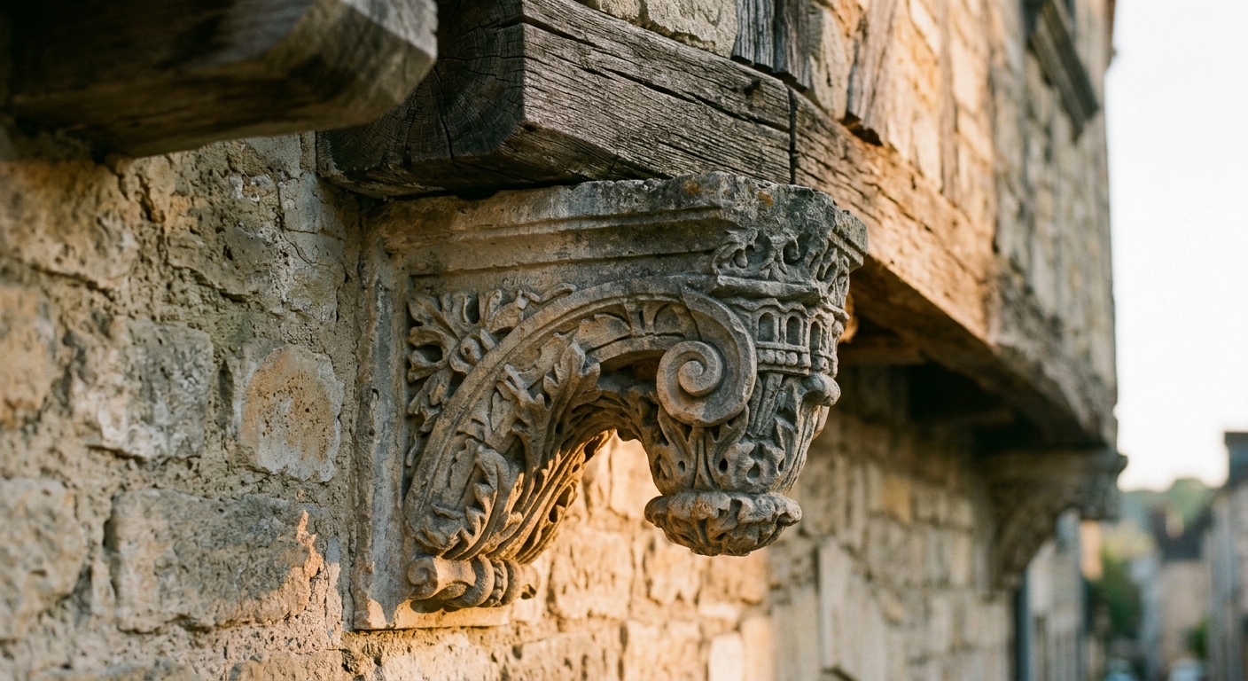 Carved limestone corbel bracket detail on a historic Minneapolis facade in raking evening light