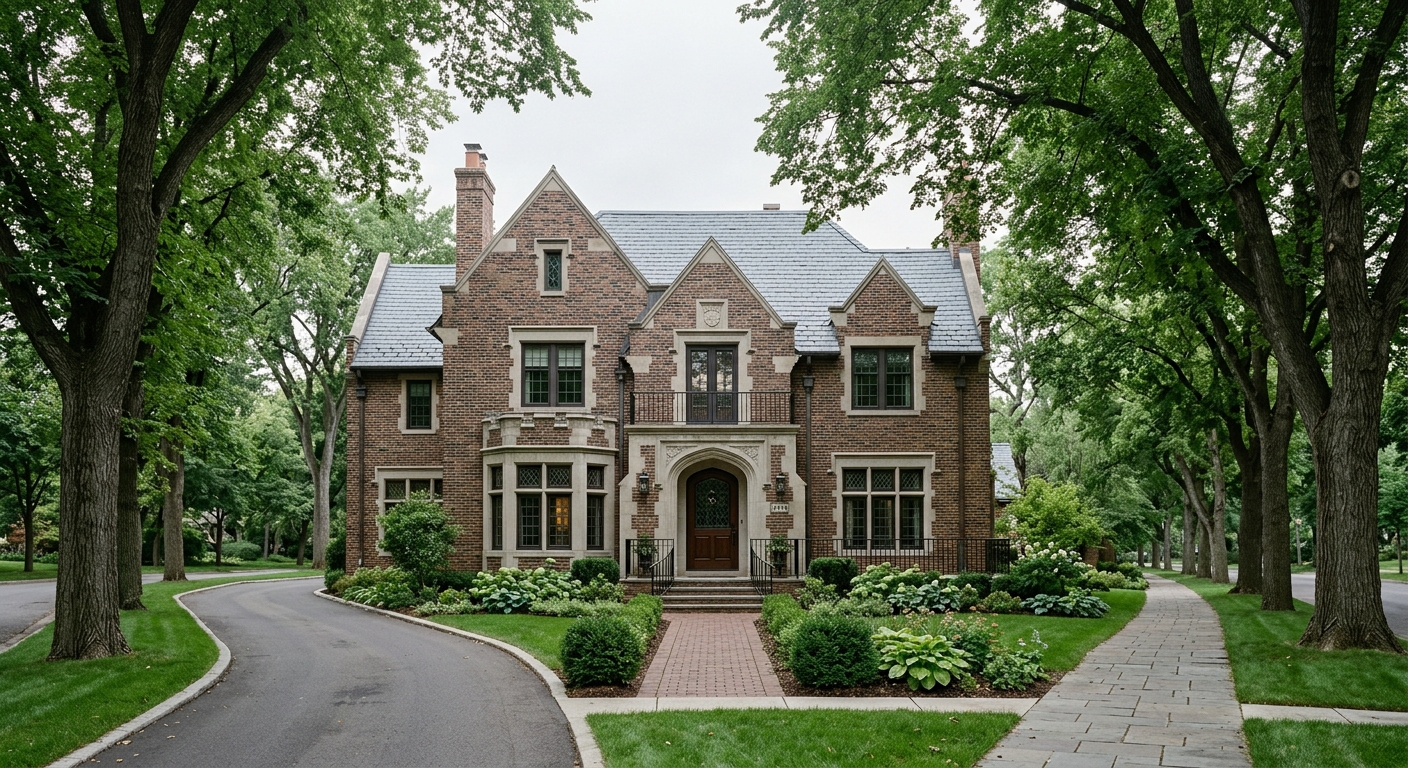 Restored brick and limestone residence on a tree-lined Minneapolis parkway in soft overcast light
