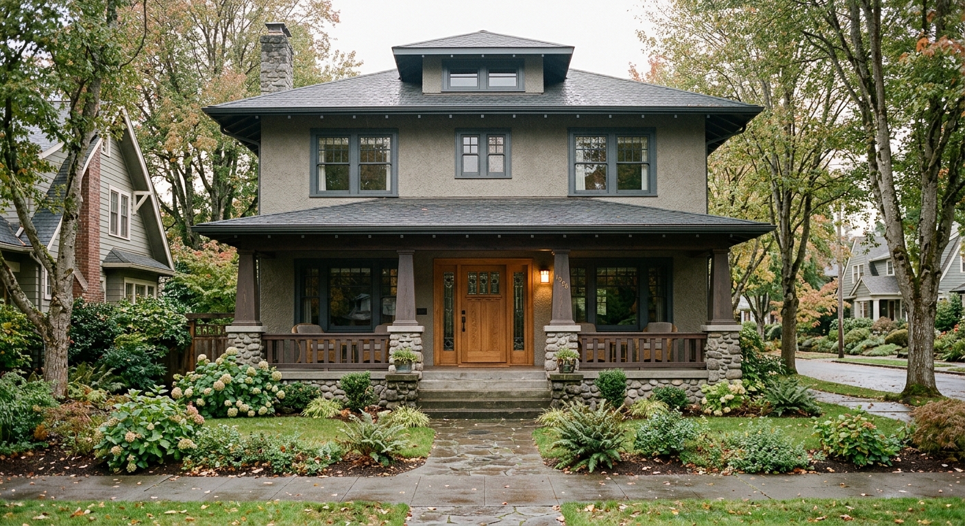Craftsman foursquare house with a deep front porch and warm wood door in soft morning light on a tree-lined street