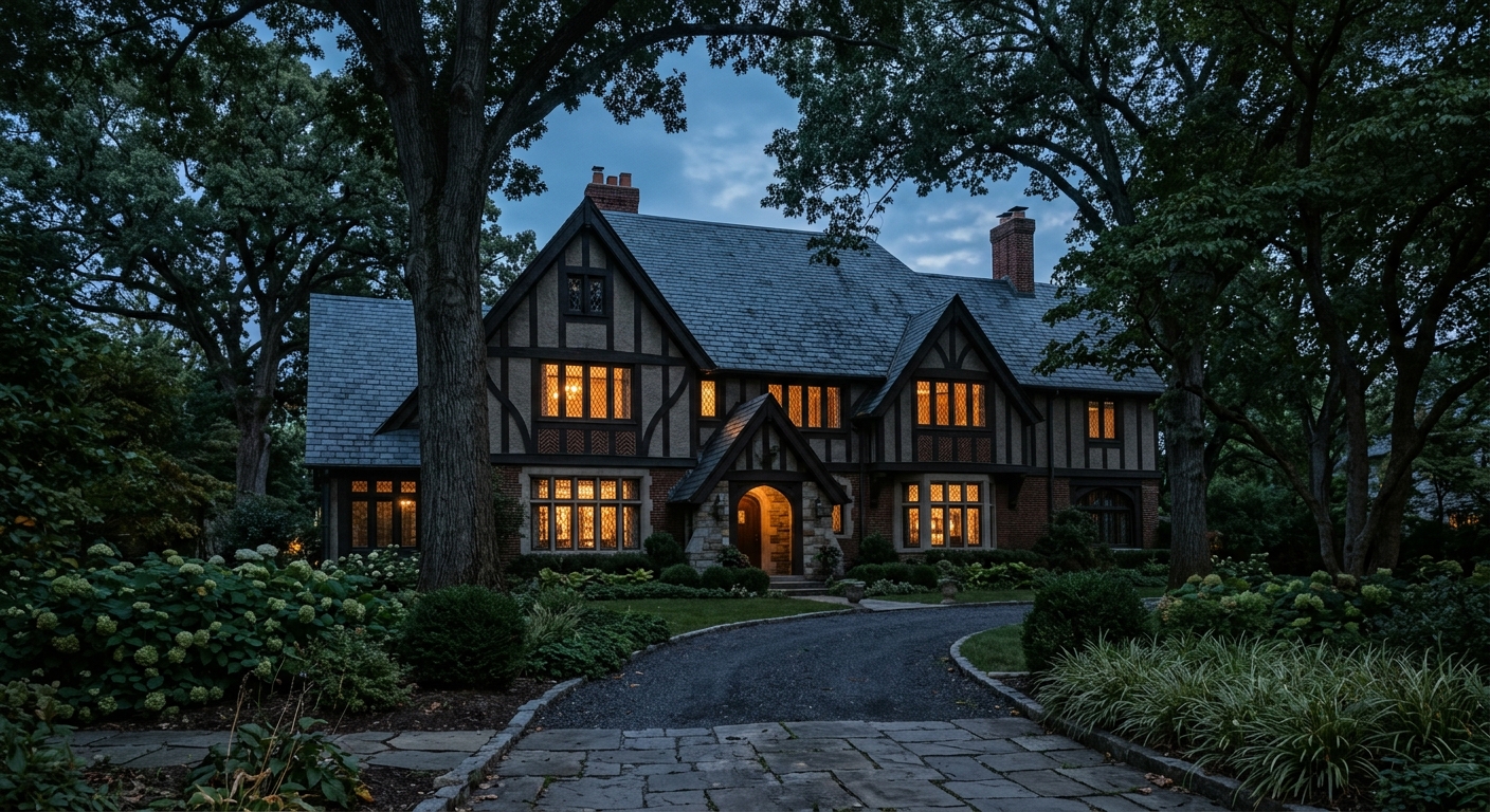 Historic Tudor revival house with slate roof and leaded glass windows behind mature trees at blue hour, warm light in the windows