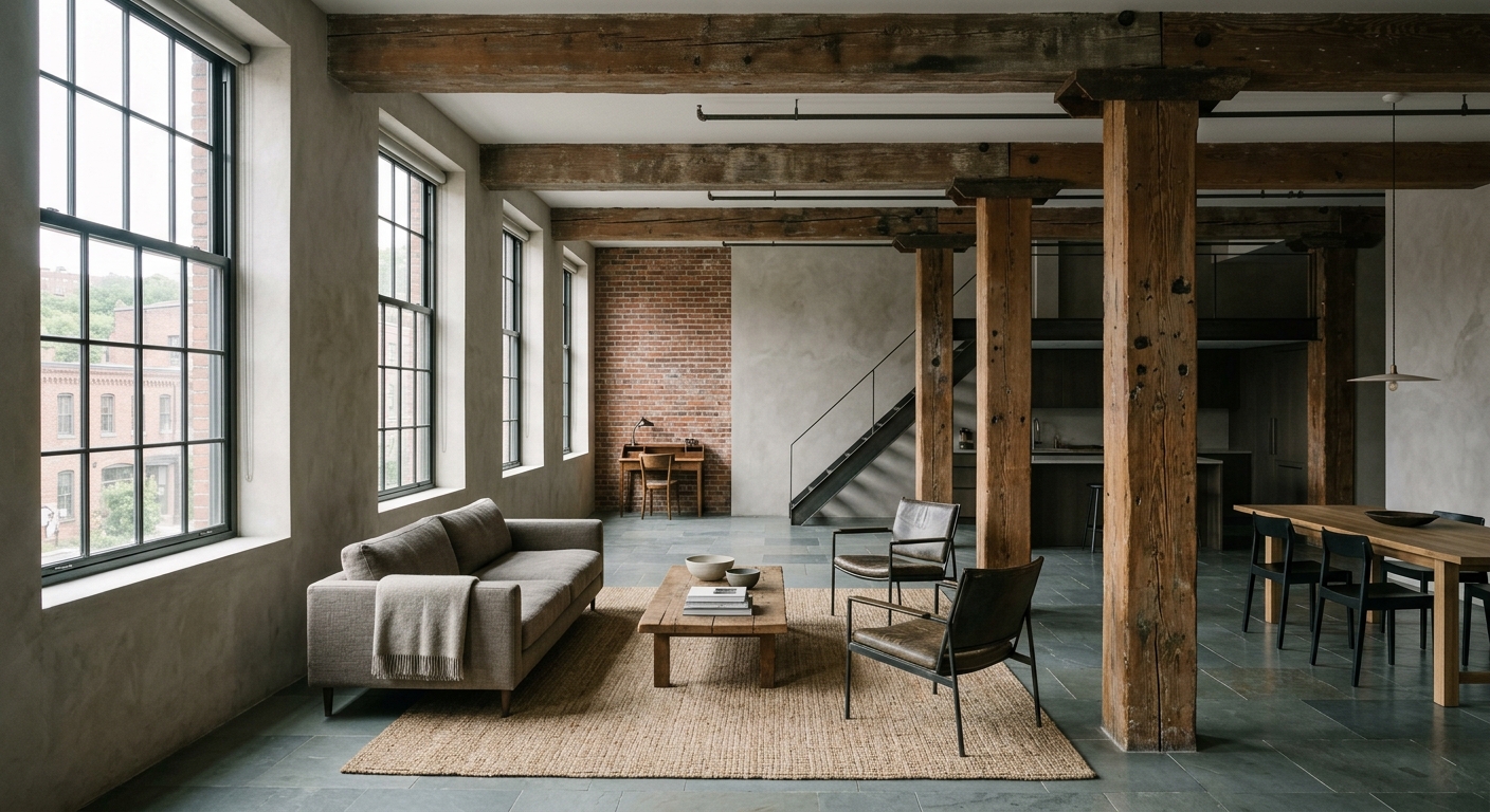 Converted flour mill loft interior with heavy timber beams, tall industrial windows, and minimalist furniture in soft daylight