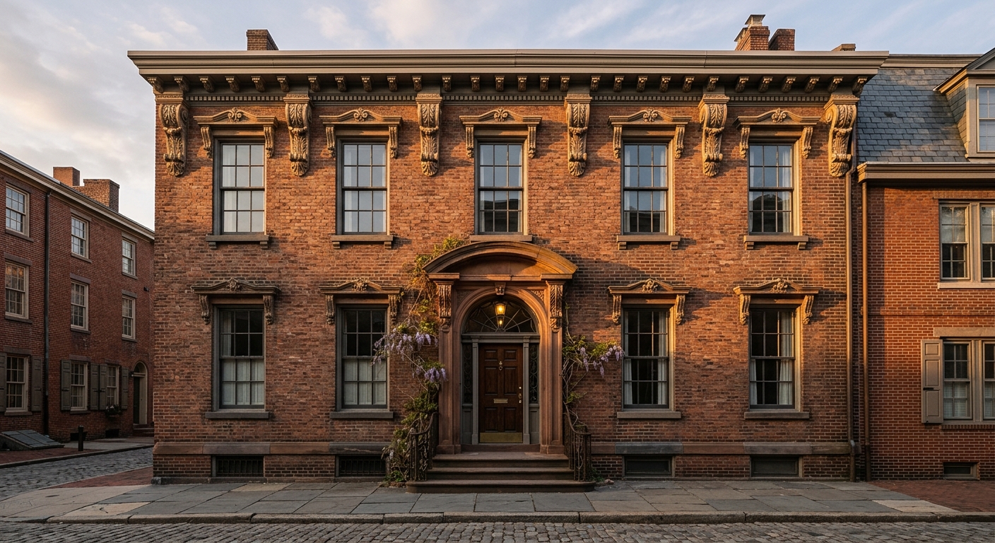 Brick rowhouse facade with carved limestone corbels and arched entry in low evening light