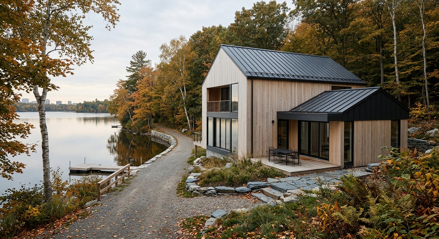 Modern lake house with white oak siding and dark metal roof beside a city lake path in soft autumn light