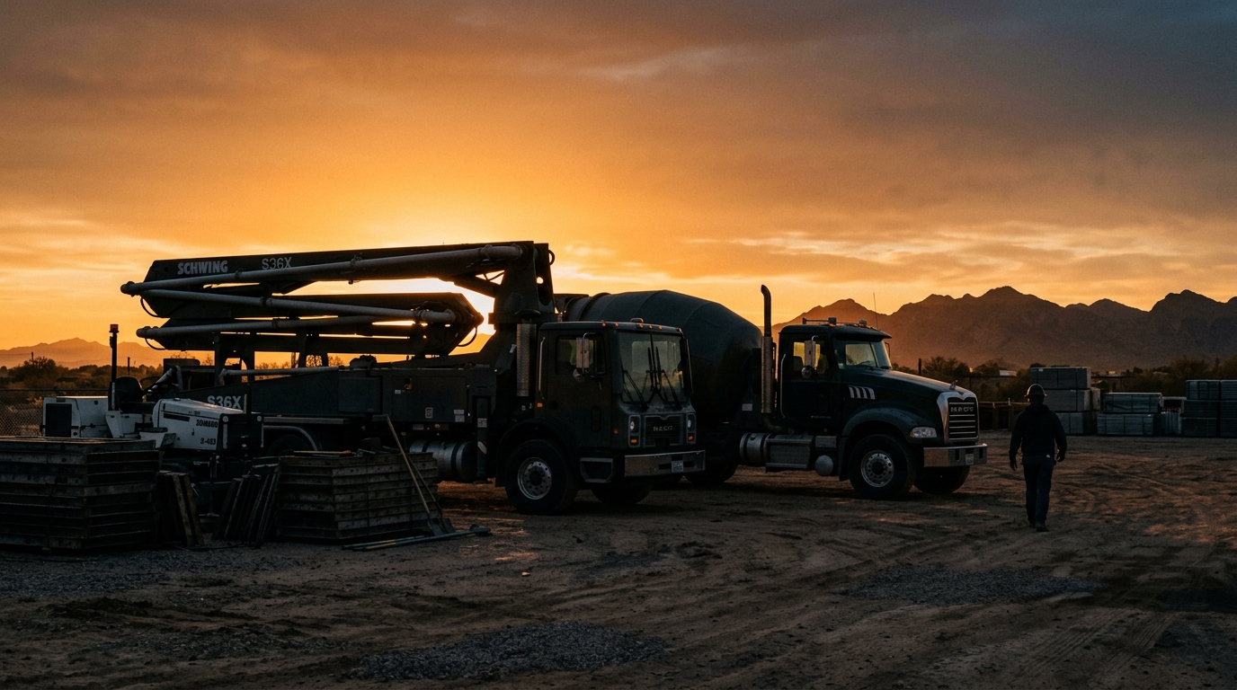 Concrete boom pump and ready-mix truck staged in an equipment yard at dawn