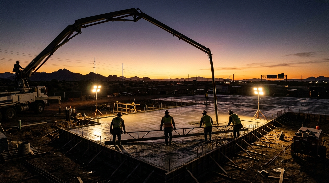 Concrete pump truck boom placing concrete over formwork at dawn while a distant crew screeds the slab