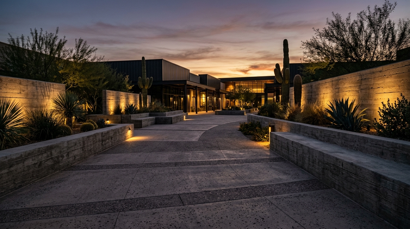 Commercial courtyard with sandblasted paving bands and board-formed seat walls at dusk