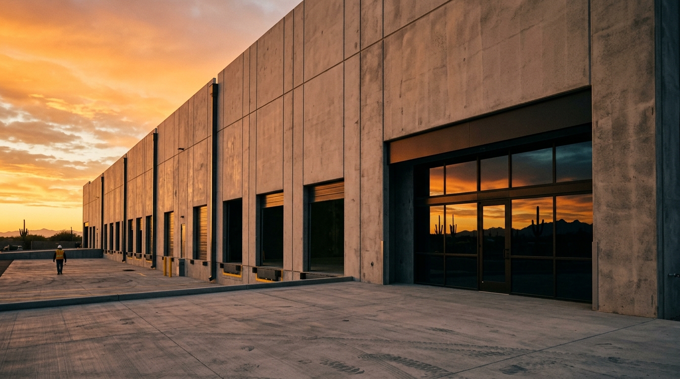 Concrete tilt-up warehouse exterior with clean panel joints at dusk