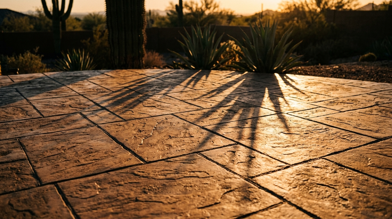 Stamped ashlar-pattern concrete patio with warm integral color in golden desert light