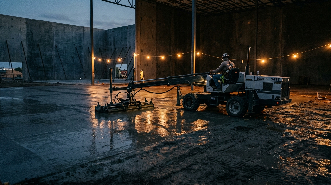 Laser screed working a vast fresh warehouse slab under work lights