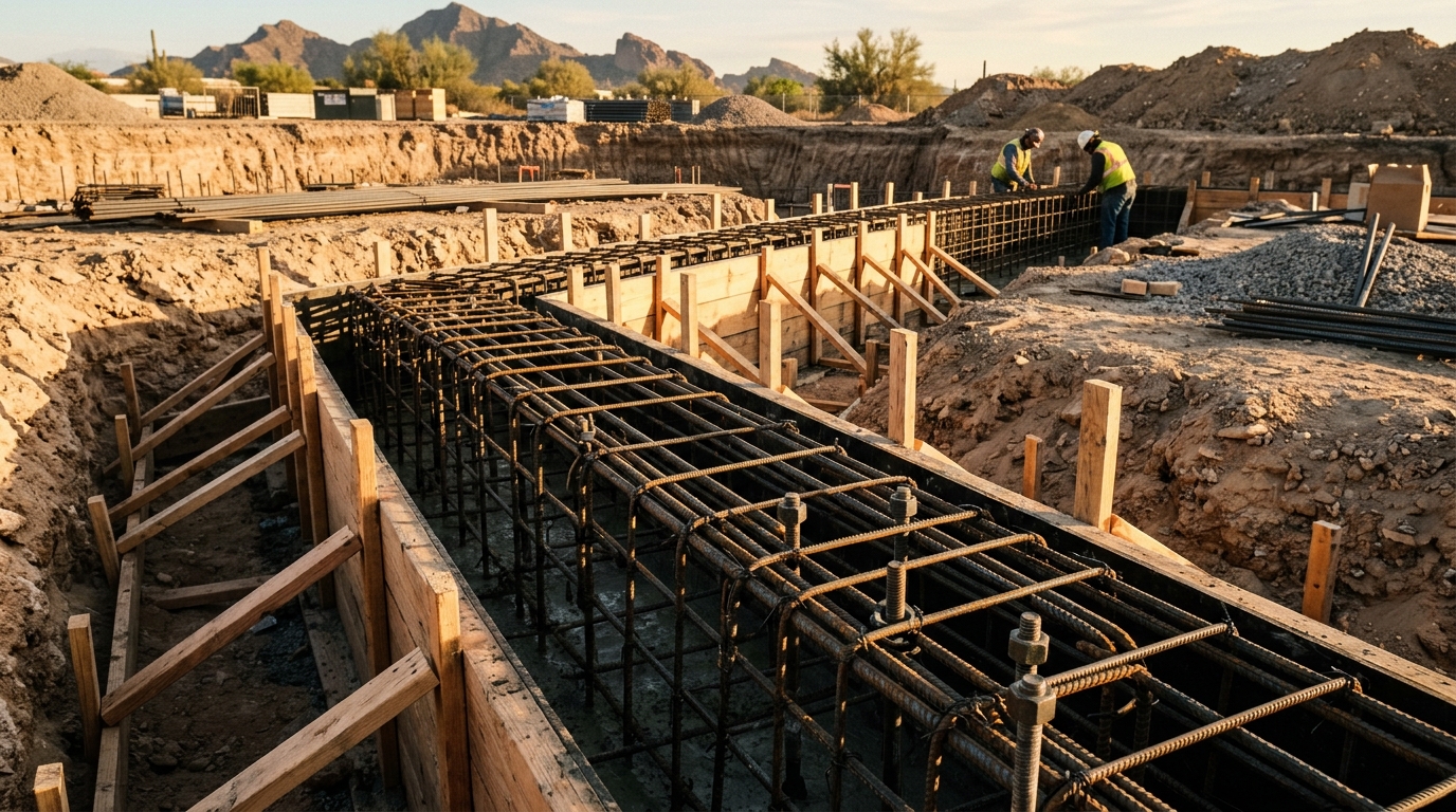 Tied rebar cage and timber formwork for a grade beam footing in raking desert light