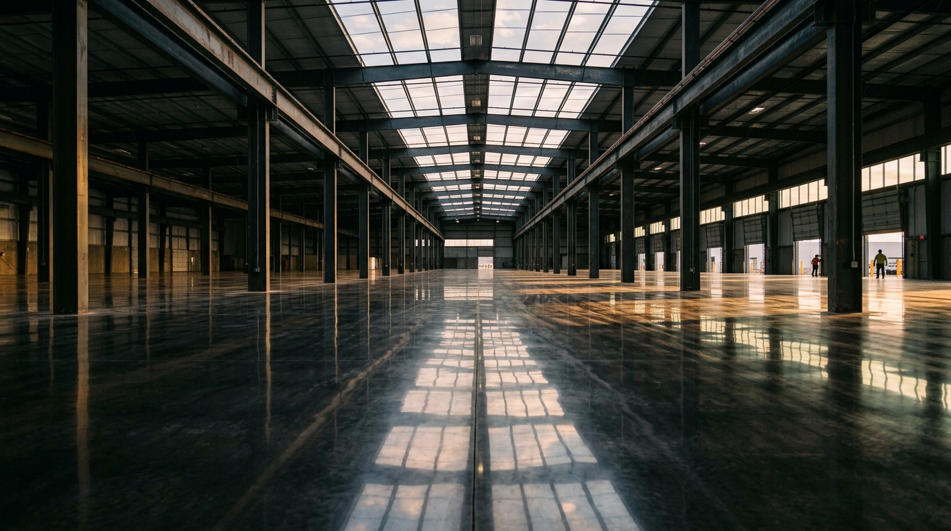 Polished warehouse floor with mirror reflections of skylights