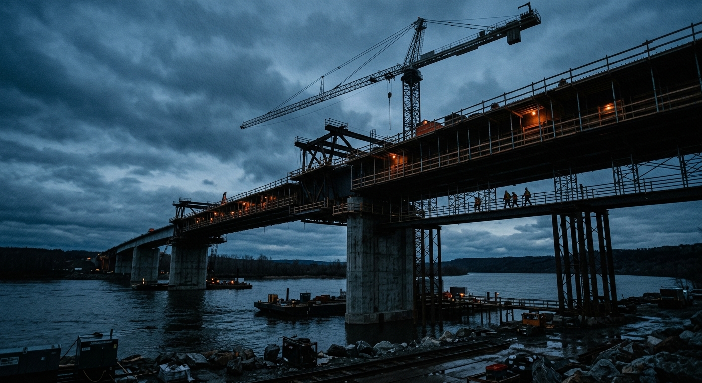 Crane and bridge falsework silhouetted against a steel-blue dusk sky, with concrete piers rising from a riverbed