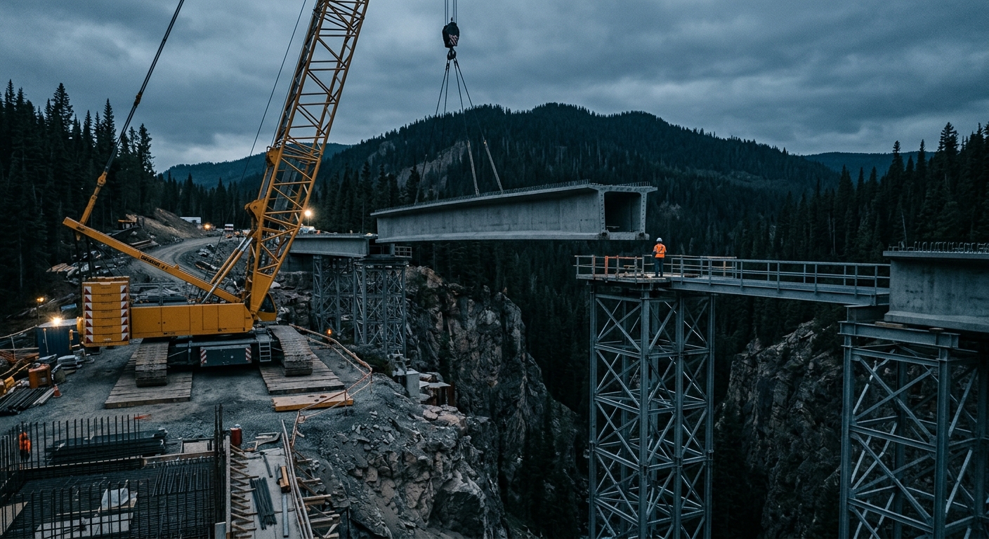 Concrete bridge girders being set by a crawler crane over a mountain canyon at dusk, with steel falsework towers below