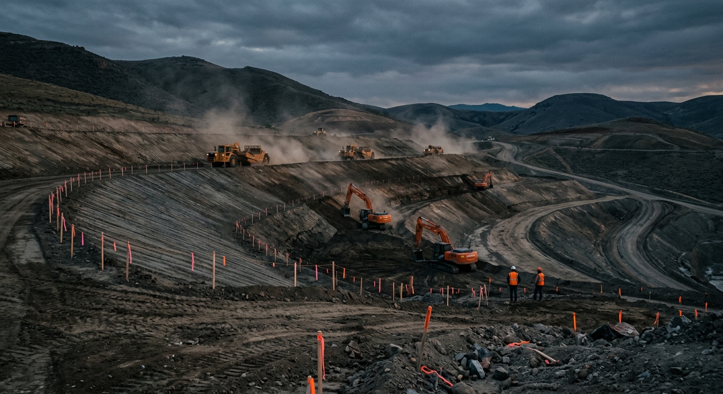 Excavators and scrapers cutting graded benches into raw earth at dusk