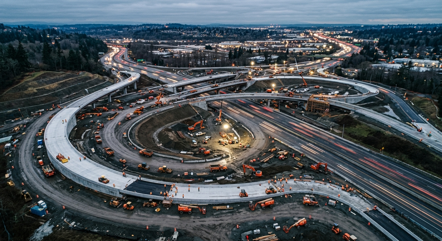 Aerial view at dusk of a highway interchange under reconstruction, with curved ramps, earthwork benches, and construction machinery below
