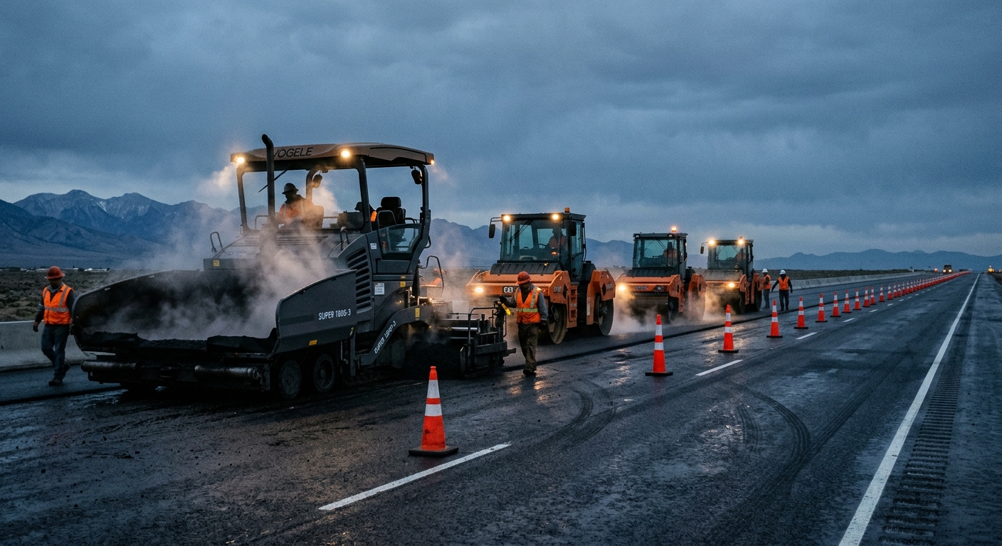 A highway paving train laying asphalt at dusk with steam rising from the mat and cones receding to the horizon