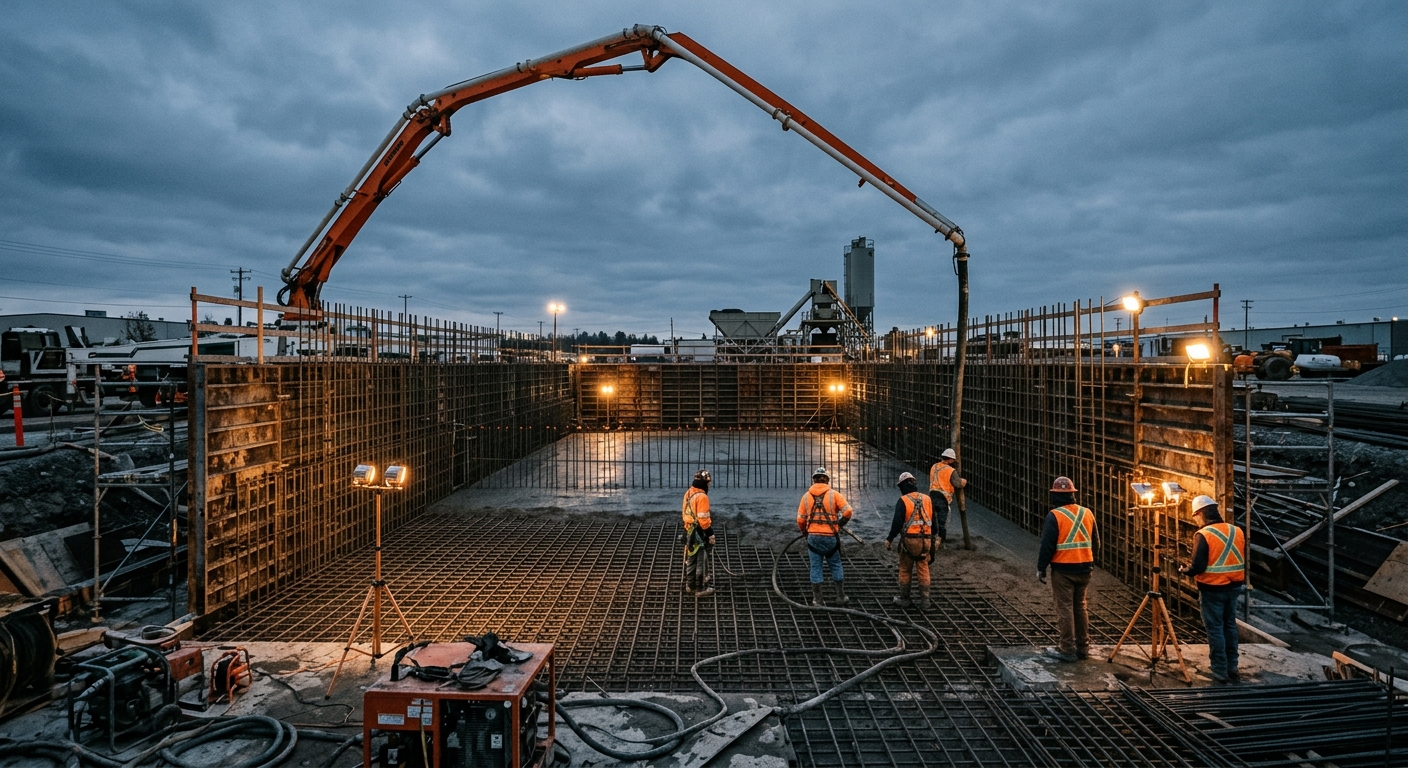 A structural concrete pour at dusk with a dense rebar mat, boom pump overhead, and formwork walls glowing under work lights