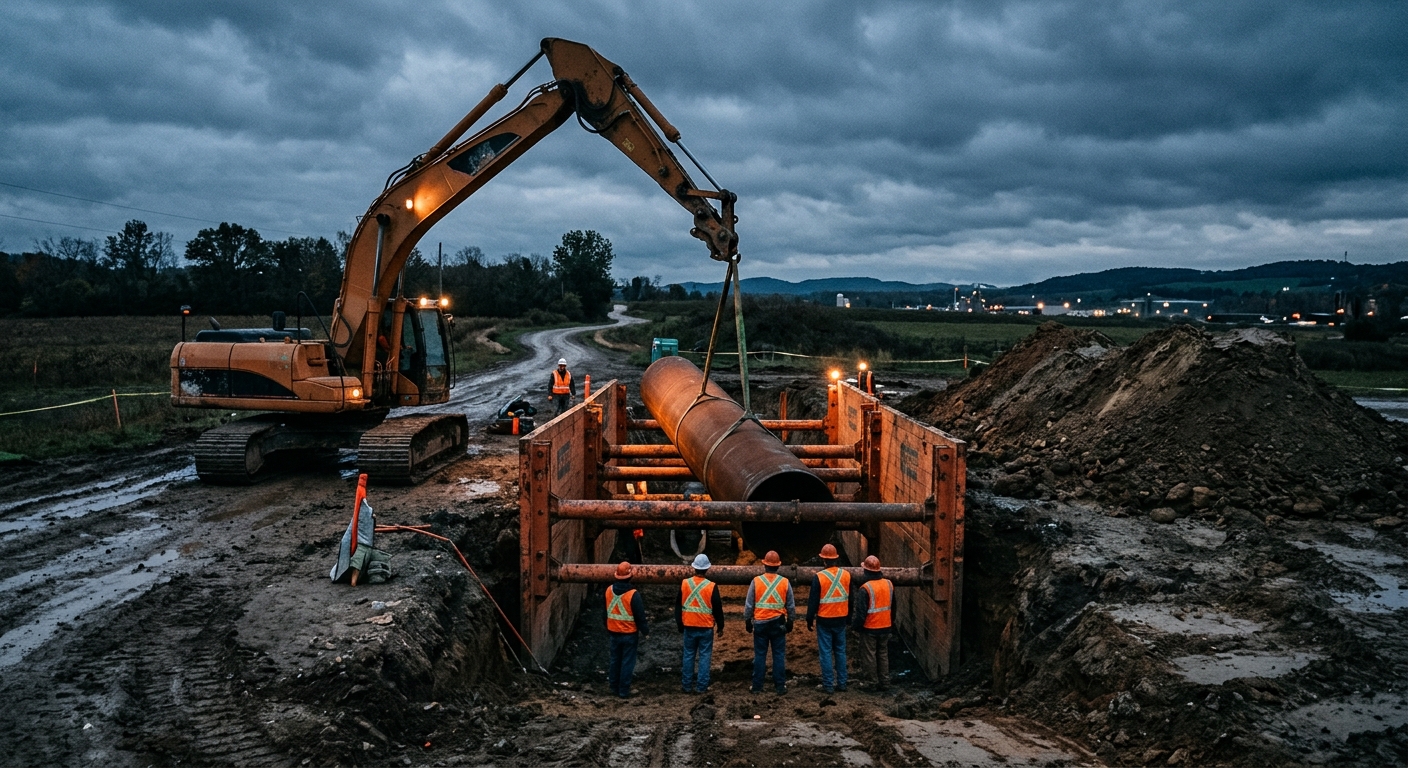 A deep shored trench with a large-diameter steel water pipe being lowered by an excavator at dusk