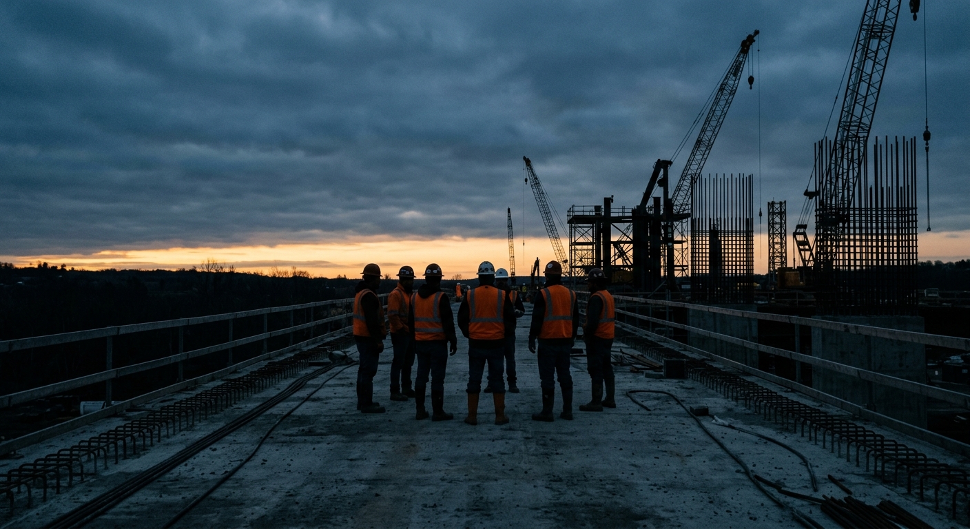 A crew in safety vests and hard hats gathered in silhouette for a dawn toolbox talk on an unfinished bridge deck