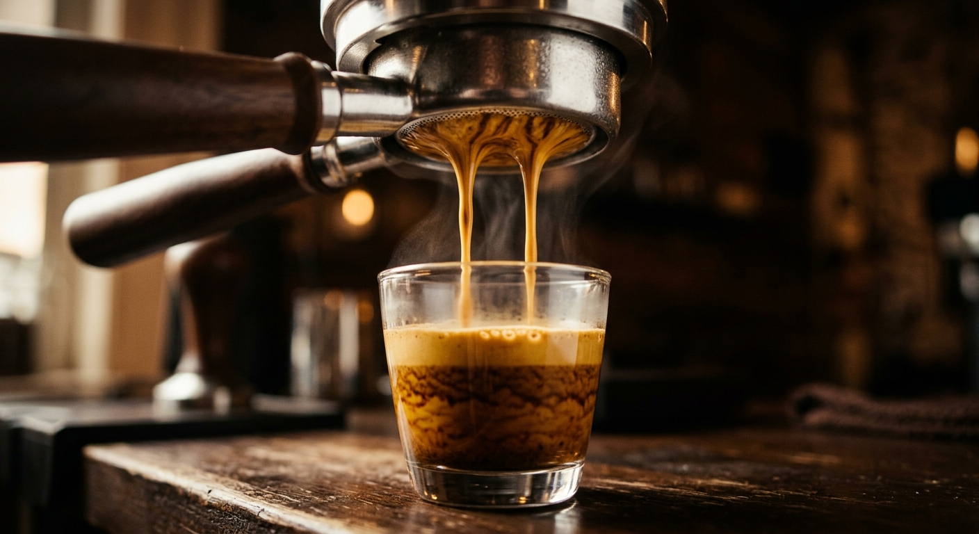 Espresso extraction with golden crema flowing from a portafilter