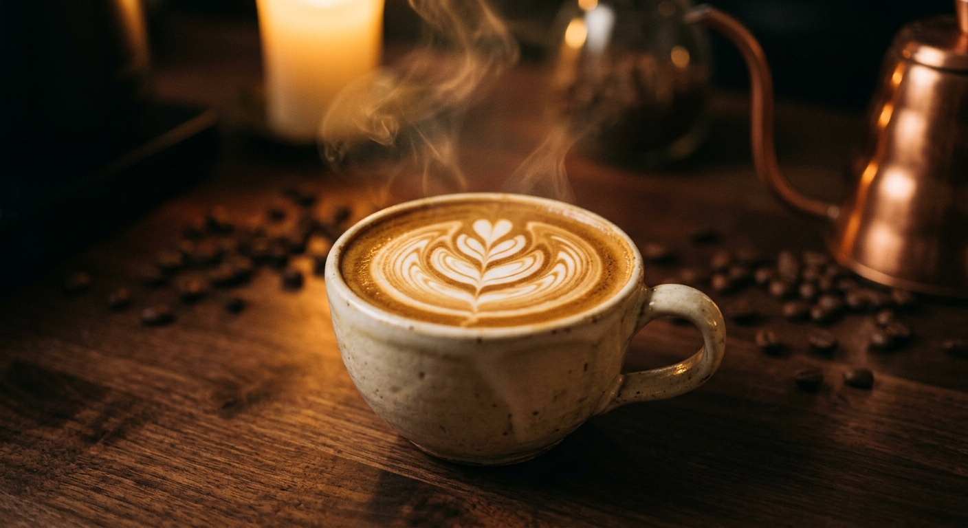 Fresh latte art in a cream ceramic cup on a dark wood bar, steam rising in warm light