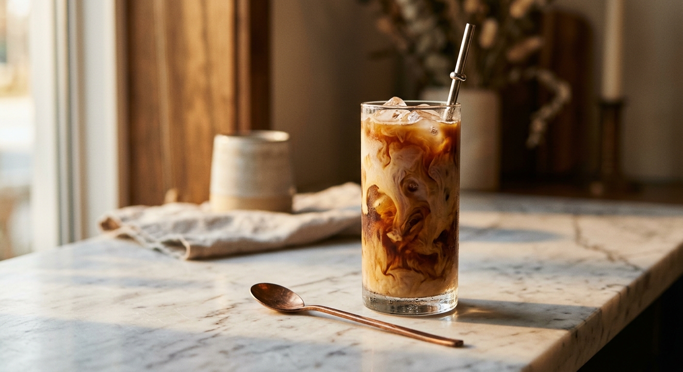 Iced latte on a marble counter with cream swirling through cold coffee