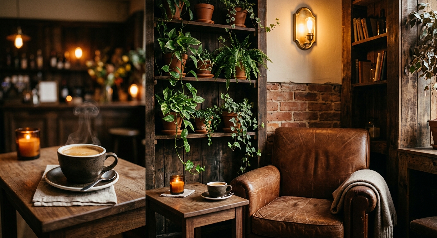 Cozy corner of the cafe with a leather armchair, trailing plants, and a warm brass lamp